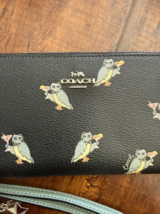 Coach Black Leather Wristlet Wallet with Party Owl Print - Picture 2 of 12